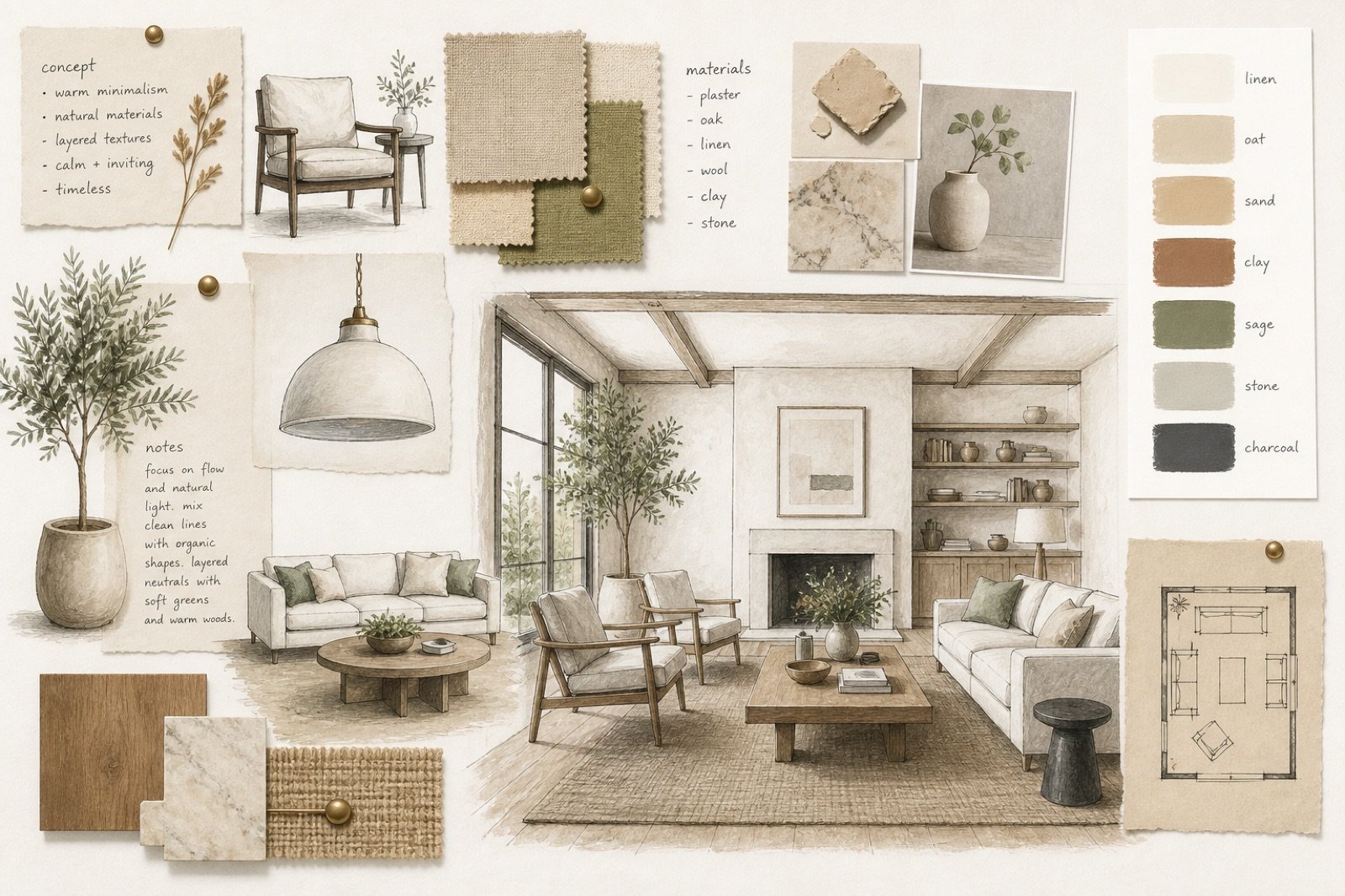 Interior concept board with sketches and material swatches