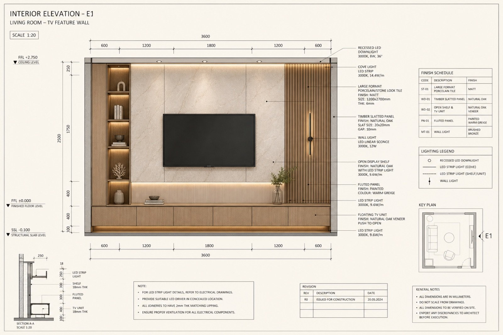 Detailed execution drawings with elevations and finish callouts