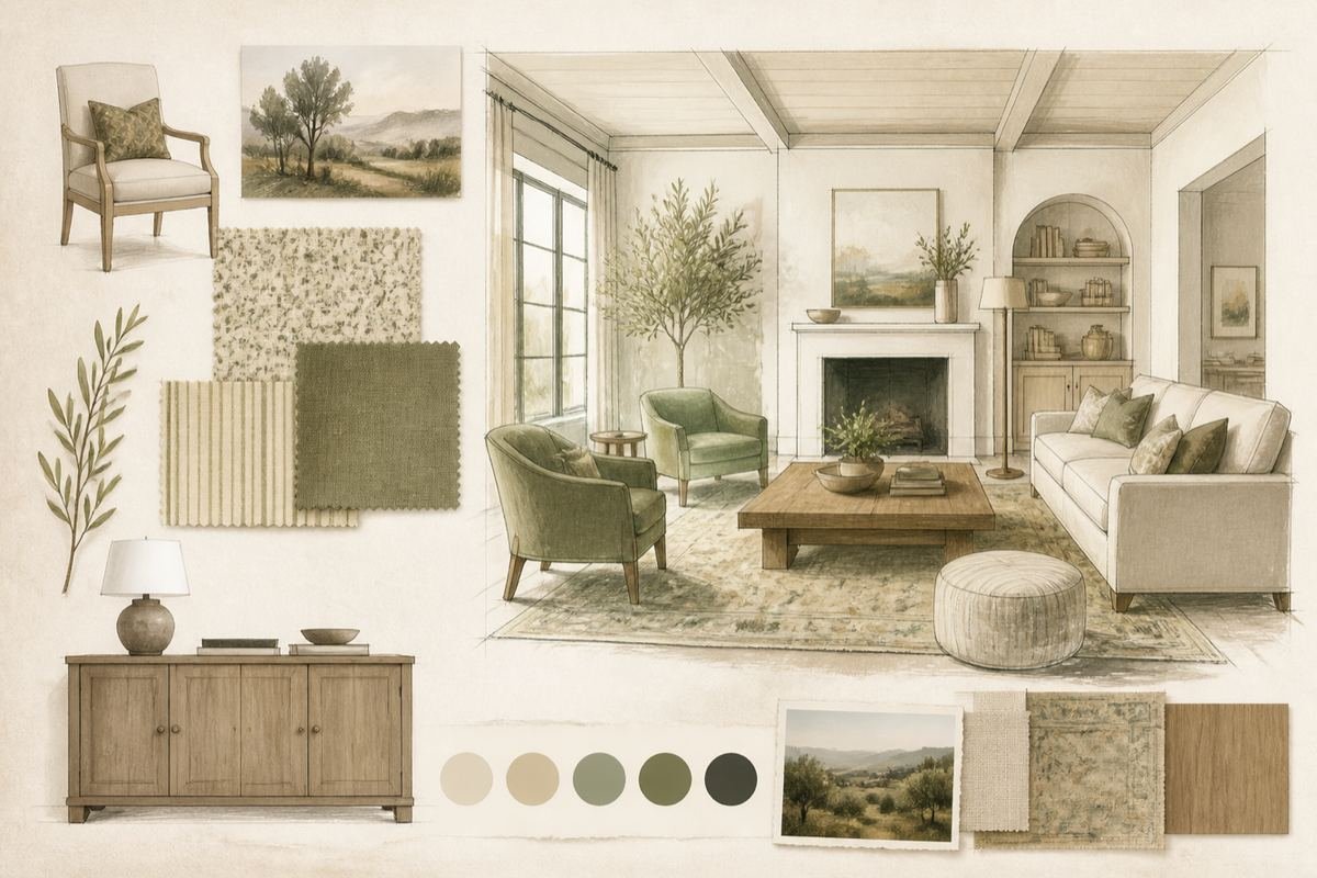 Concept board: furniture studies and material swatches